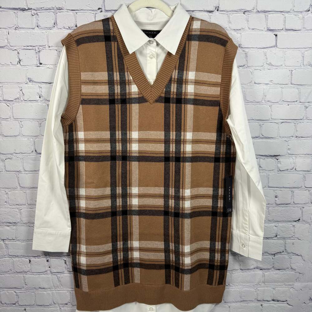 Tahari NWT Two-in-One Long Sleeve Plaid Sweater Vest Shift Dress Women Size M - Picture 2 of 7